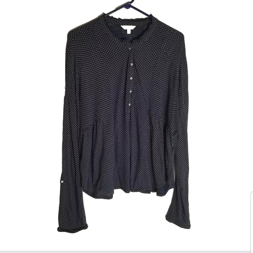 Lucky Brand Top Women's XL Boho Blouse Ruffle Neck Navy Blue Crowns Half Button